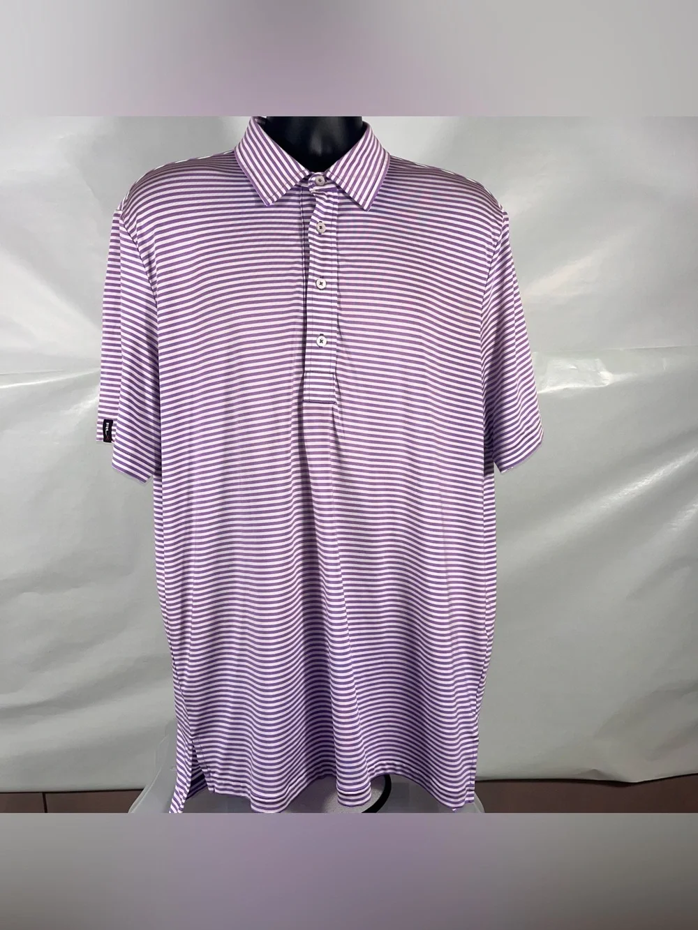 RLX Men Polo Shirt L Gold Performance Stretch Wicking Purple Striped Embroidered